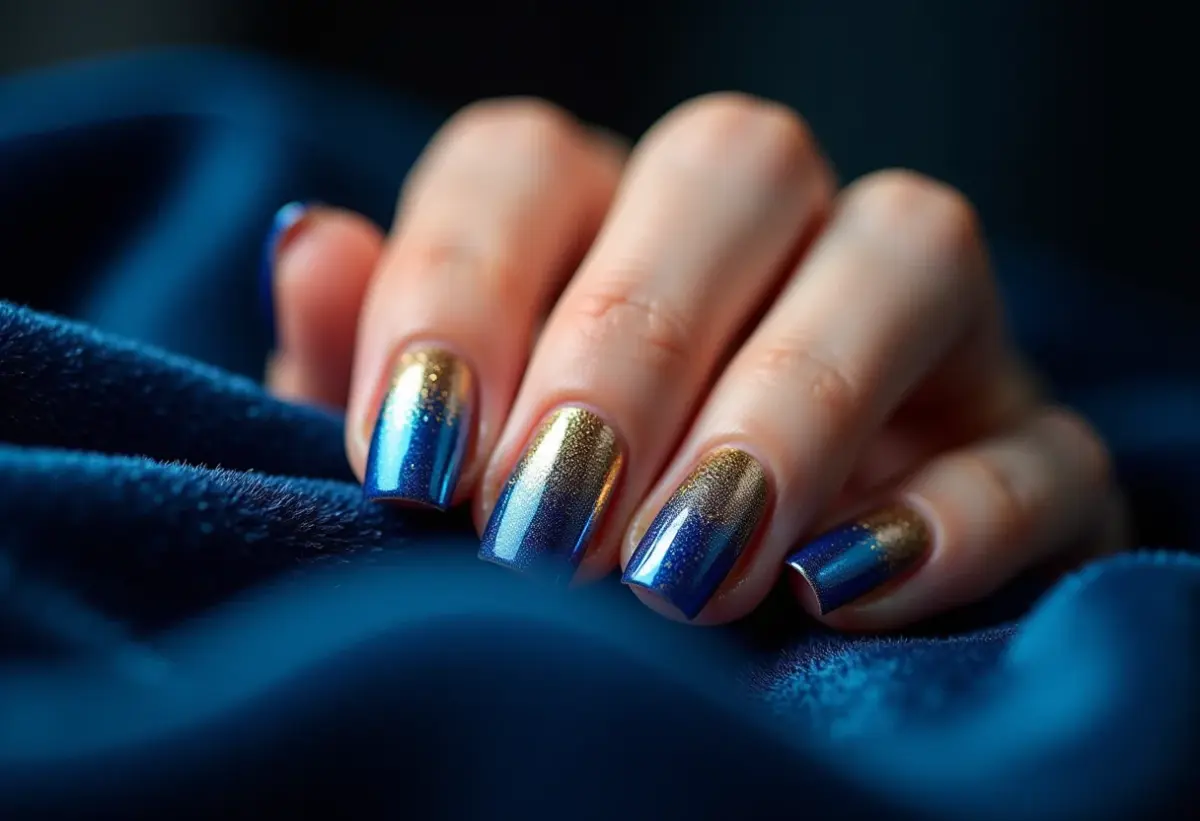 Unhas Azul Cobalto com Detalhes Geométricos em Dourado: Sofisticação Moderna - ideia