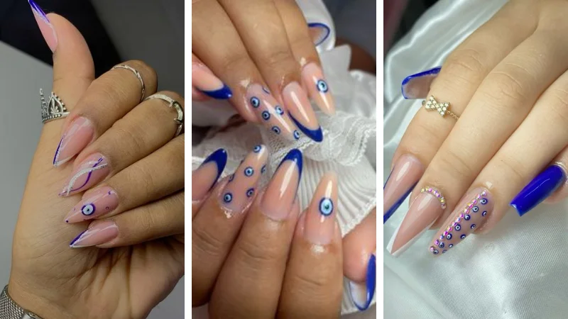 Azul Profundo: Unhas Degradê com Olho Grego Azul no Centro - ideia