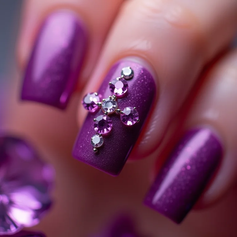 Unha Roxa com Pedraria Cravejada: Puro Glamour! - detalhe