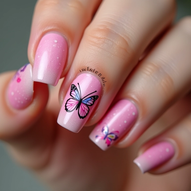 Adesivos Artesanais: Unhas Rosadas com Borboletas Brancas e Sombras - ideia