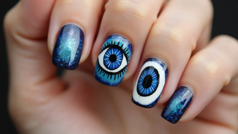 Efeito Mármore: Unhas com Textura Marmorizada e Olho Grego Azul - detalhe