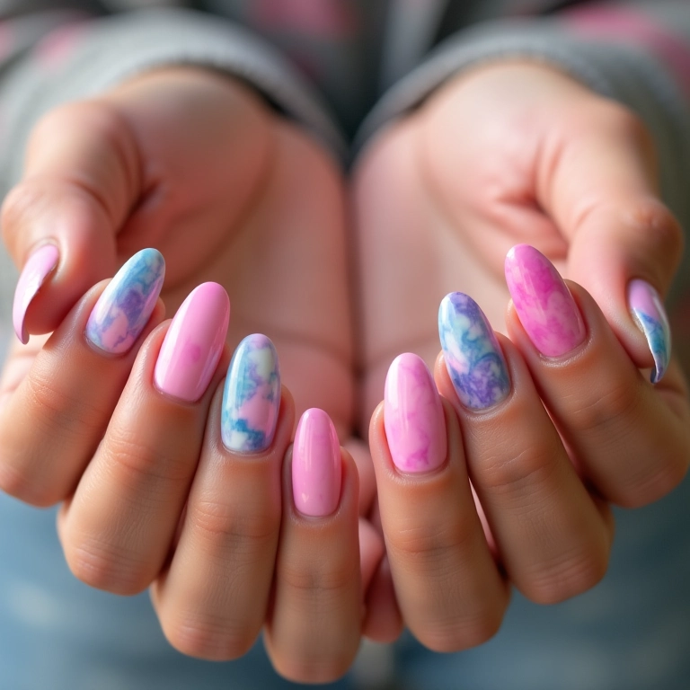 Unhas Marmorizadas com Efeito Rainbow: Cores Vibrantes e Únicas - inspiração