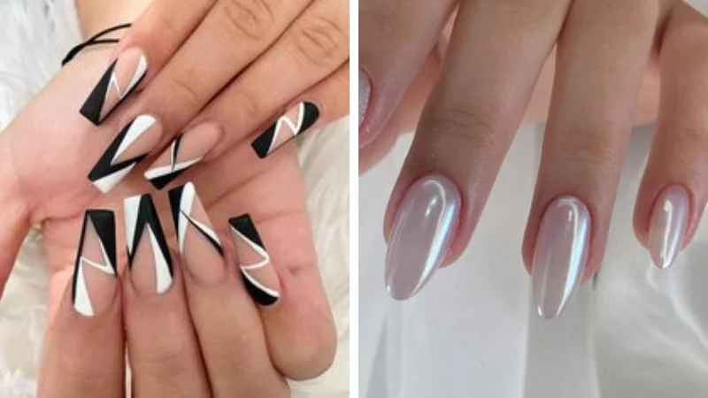 Unhas Stiletto com Desenhos Geométricos em Preto e Branco - inspiração