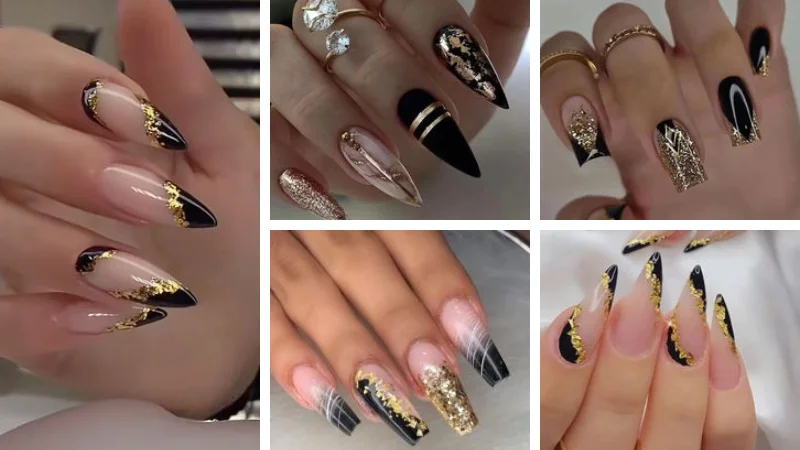 Unhas Pretas com Folhas de Ouro Delicadas: Um Toque de Realeza - detalhe