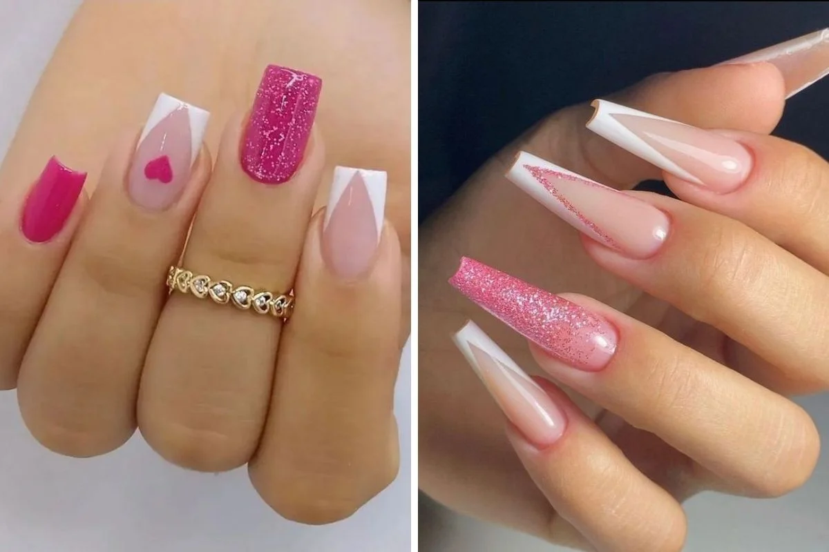Francesinha Diagonal Rosa e Branco com Glitter - detalhe