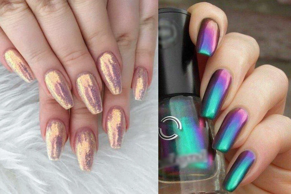 Unhas de Vidro Quebrado: Brilho Iridescente - inspiração