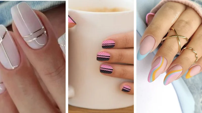 Unha Listrada com Fita Adesiva: Geometria e Estilo Moderno - detalhe