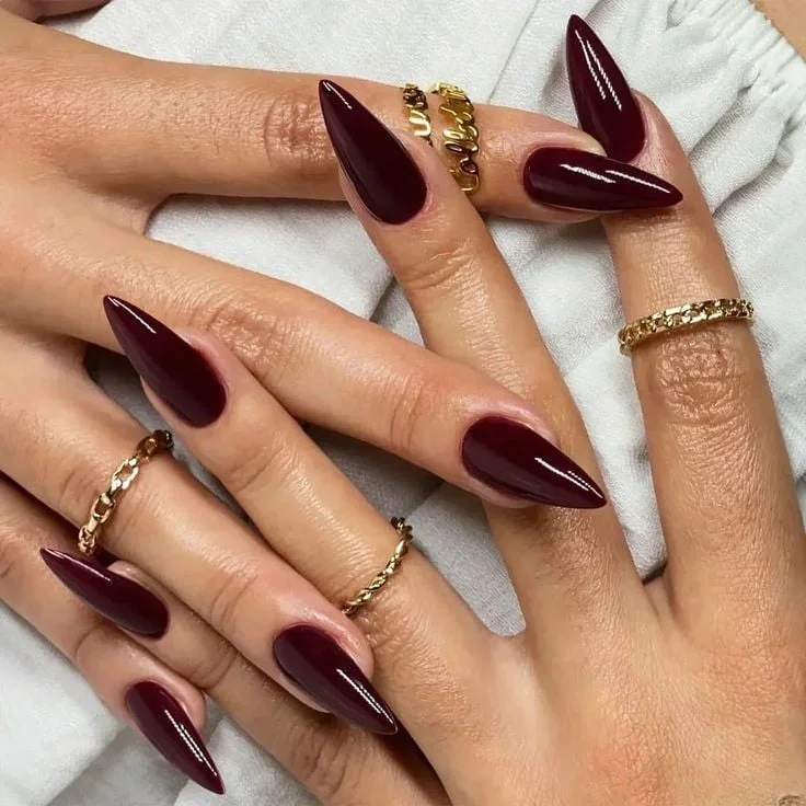Unhas Stiletto com Esmalte Escuro: Poder e Sofisticação em Cada Gesto - inspiração