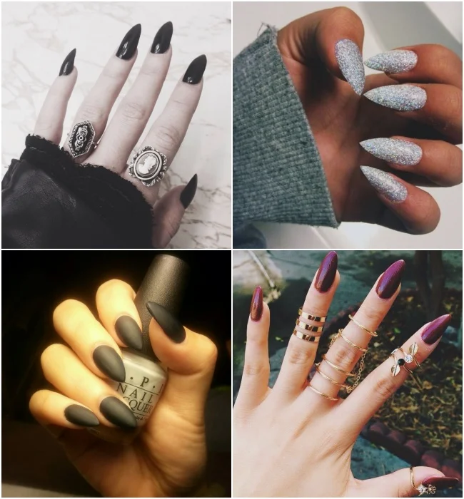 Unhas Stiletto com Esmalte Escuro: Poder e Sofisticação em Cada Gesto - detalhe