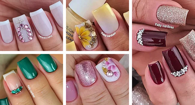Unhas Decoradas com Pedraria Cristal Discreta - inspiração