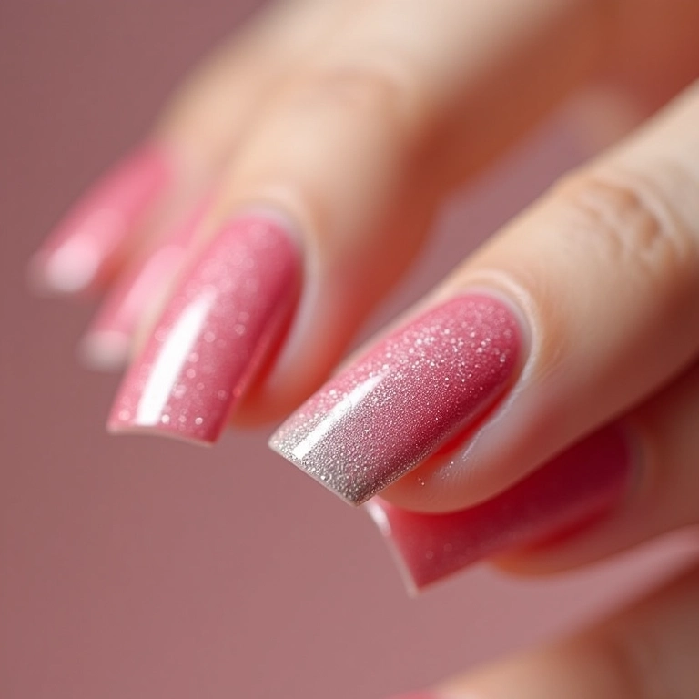 Francesinha Diagonal com Efeito Holográfico Rosado e Micro Glitter Branco - detalhe