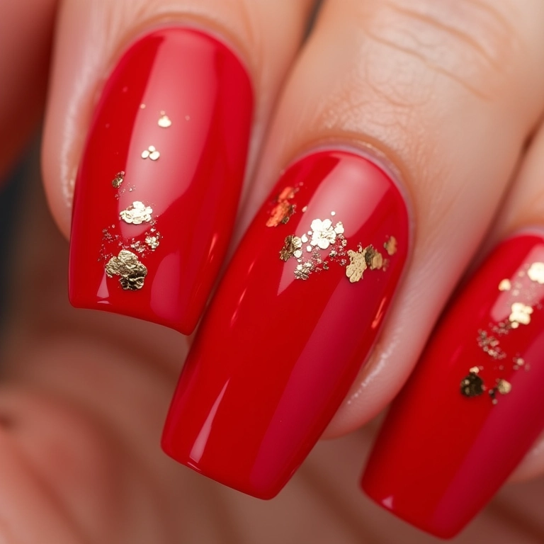 Glamour Total: Vermelho Metalizado com Folhas de Ouro Irregulares e Brilhantes - ideia