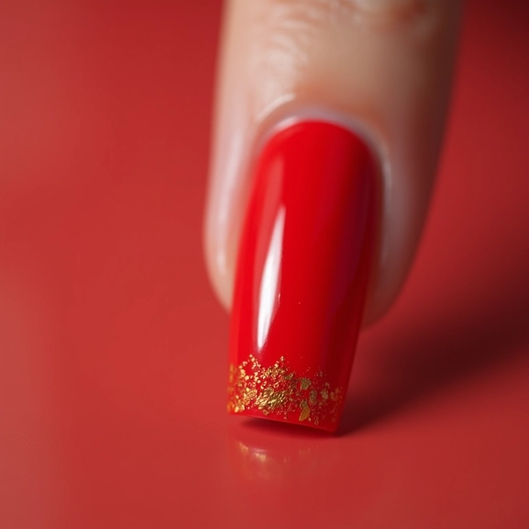 Minimalismo Chic: Base Vermelha Translúcida com Micro Folhas de Ouro - detalhe
