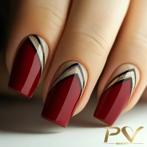 Unha Vermelha com Detalhes Geométricos em Preto - ideia