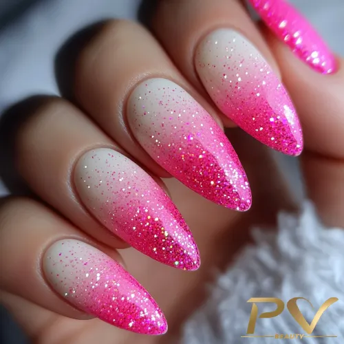 Filha Única com Glitter Holográfico em Unhas Rosadas: Destaque Sofisticado - inspiração