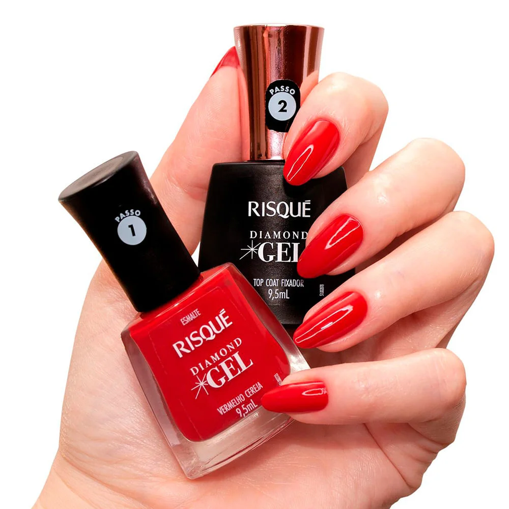 Unhas Vermelhas Vibrantes com Top Coat Resistente a Lascas - detalhe