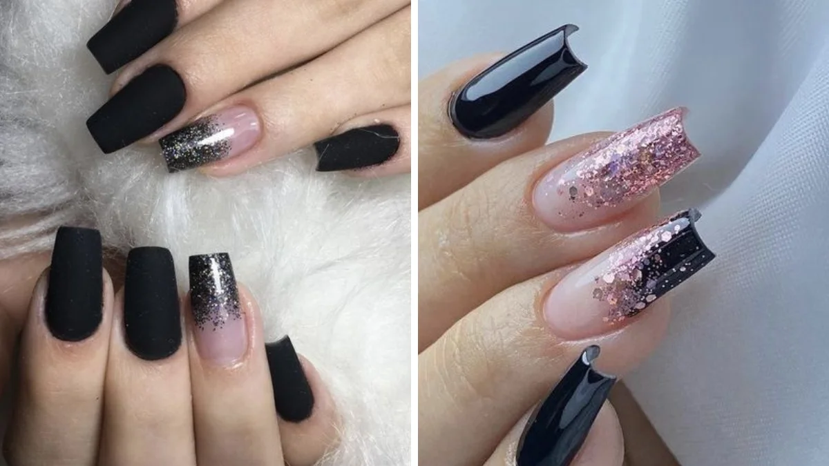 Mística e Moderna: Unha Preta com Glitter Holográfico - detalhe