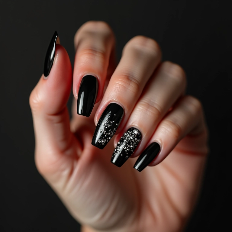 Unha de Gel Preta com Pedrarias Assimétricas: Uma Constelação nas Suas Mãos! - inspiração