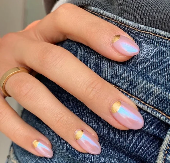 Ombré de Dourado Rosé com Top Coat Holográfico - ideia