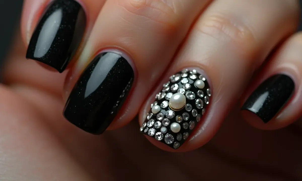 Unhas Pretas com Aplicações de Pérolas: Delicadeza e Sofisticação - inspiração