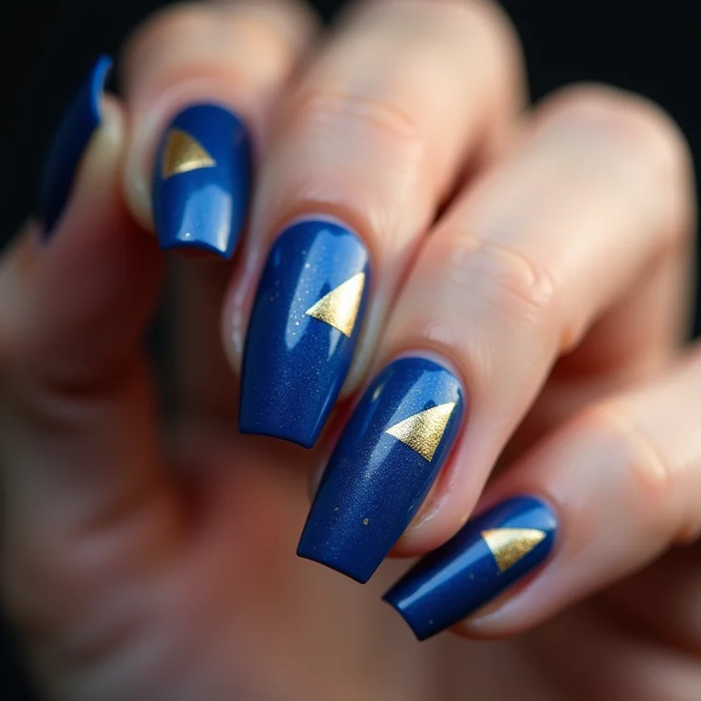 Unhas Azul Cobalto com Detalhes Geométricos em Dourado: Sofisticação Moderna - inspiração