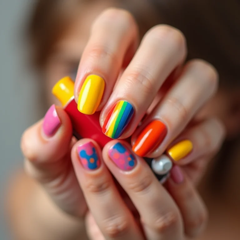 Unha Arco-Íris com Esponja: Cores Vibrantes e Alegria nas Mãos - inspiração