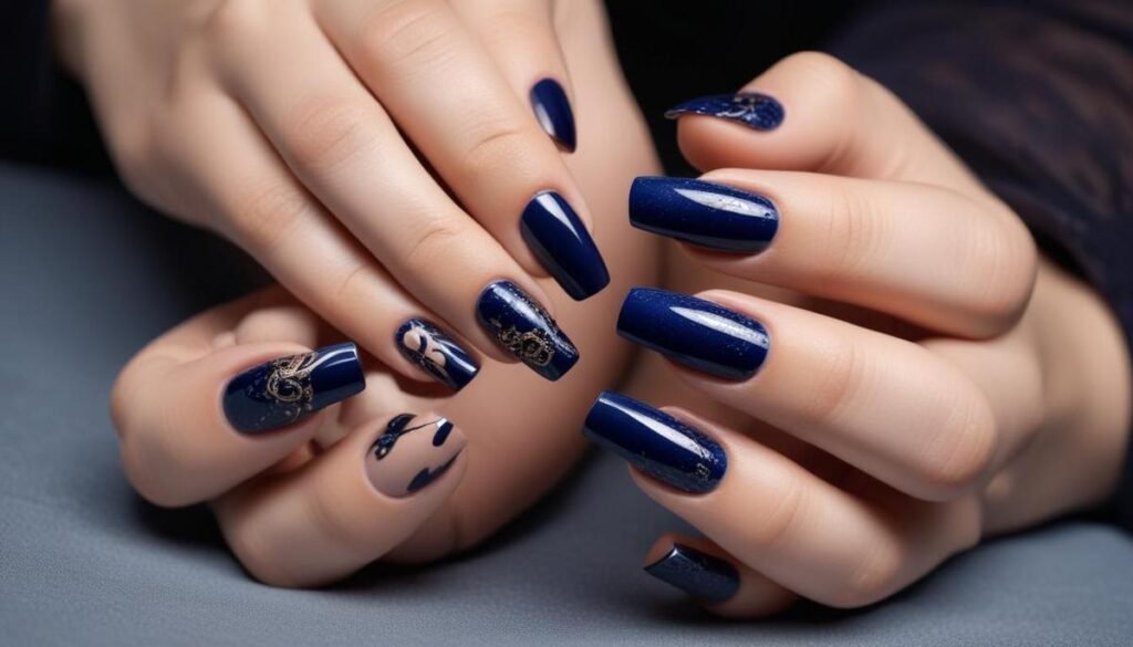 Unha azul escuro decorada: descubra estilos incríveis para arrasar já