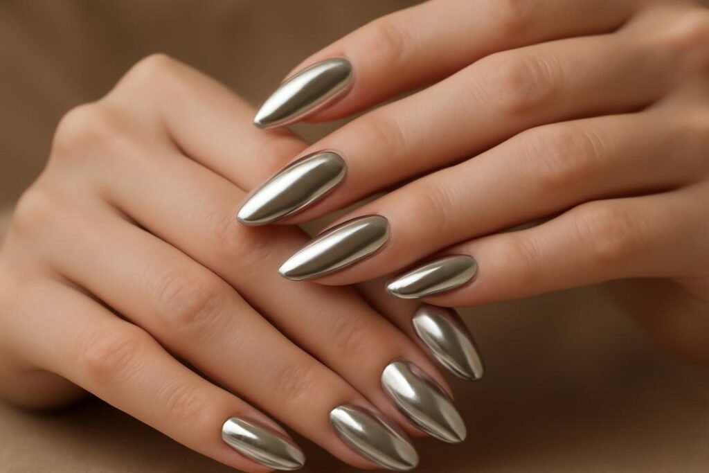 Unhas amendoadas cromadas: descubra o estilo que está conquistando tudo Unhas amendoadas cromadas: descubra o estilo que está conquistando tudo