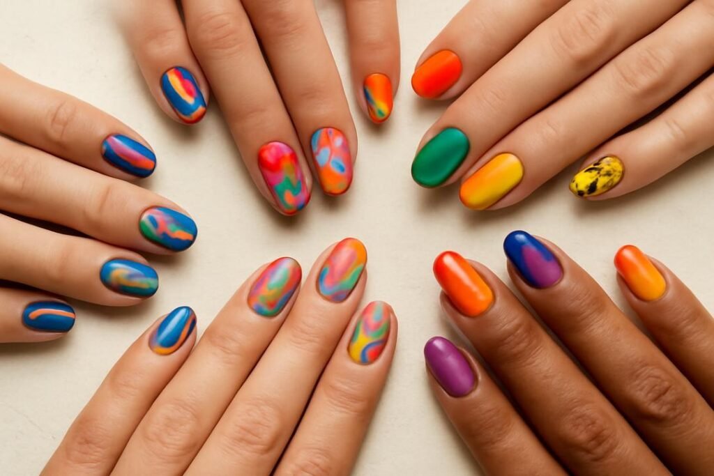 Unhas multicolor: estilos vibrantes que transformam seu visual em segundos